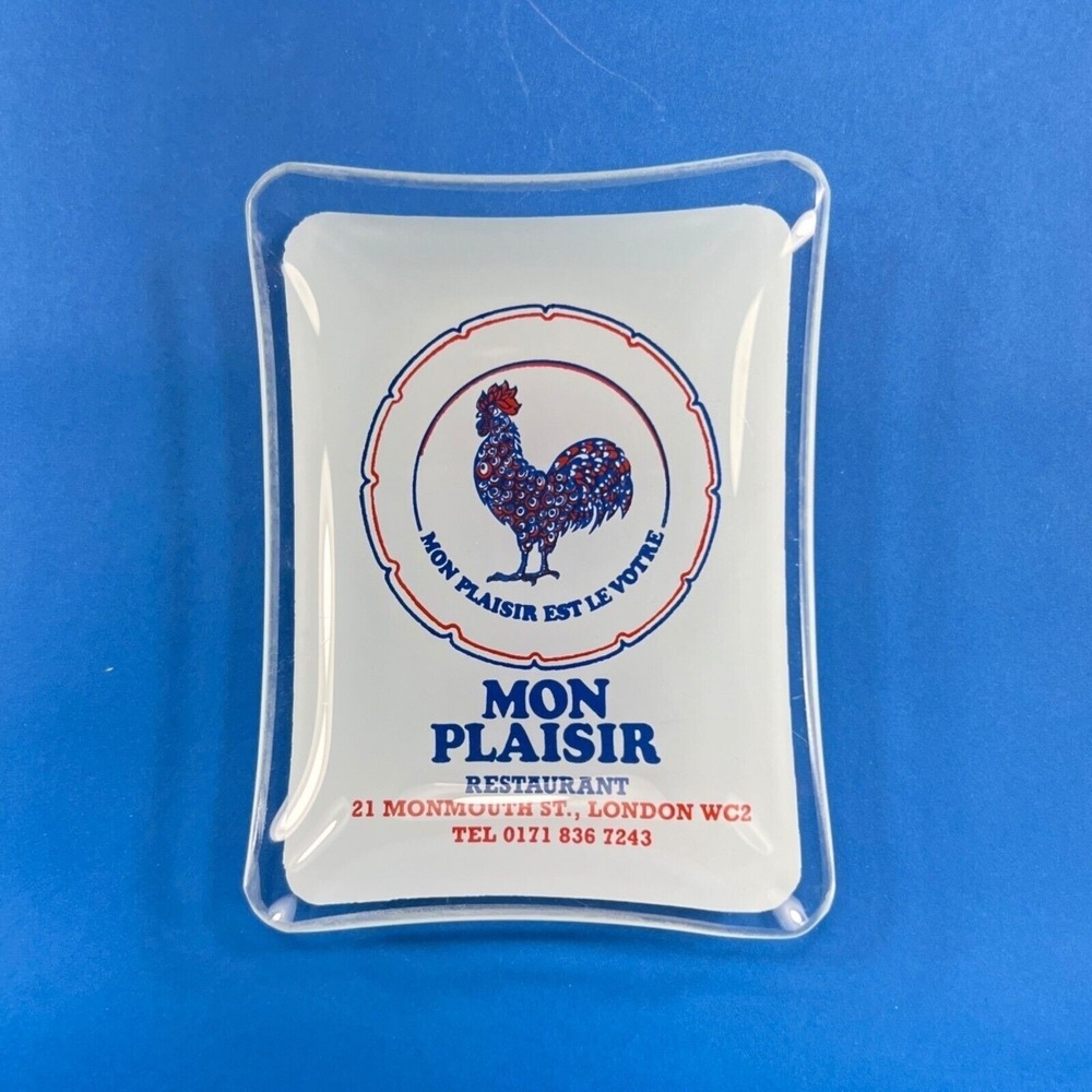 French Restaurant Bent Glass Tray Mon Plaisir London England Rooster Vintage - Picture 2 of 4
